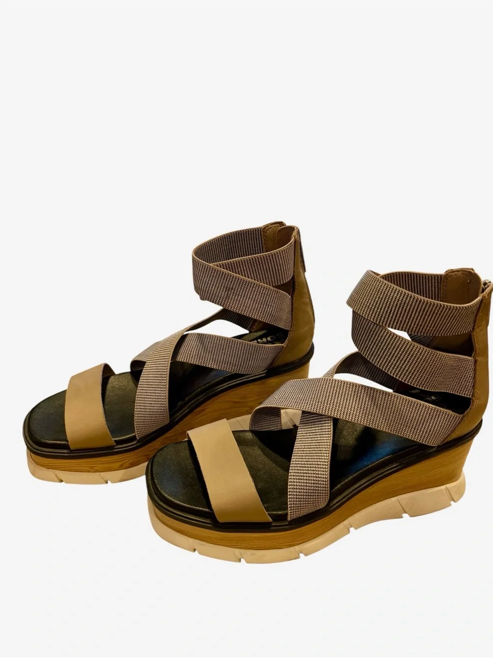 Sorel Beige and Taupe Crisscross Ankle Sandal